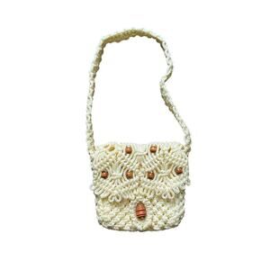 Ivory-White Knitted Shoulder Bag w/Wooden Beads